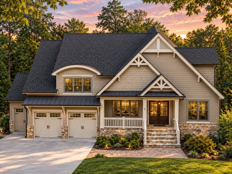 3 Bedroom House Plans 15 Front elevation of a New American Craftsman style home with shingle accents, horizontal siding, stone base, and covered front porch