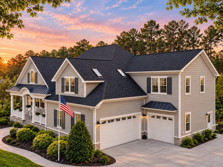 Townhome Floor Plans 5 Front exterior of a New American modern traditional house featuring horizontal siding, gabled rooflines, symmetrical windows, and an attached garage