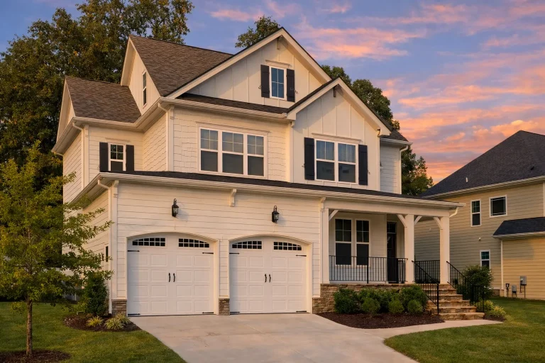 House Plans with Mudroom 21 Front elevation of a New American Modern Traditional house with board and batten siding, stone accents, and a covered front porch