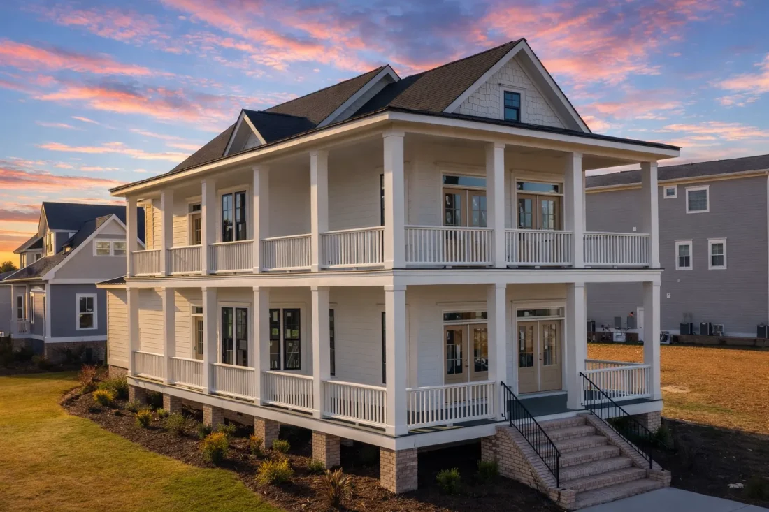 Front view of Charleston and Low Country style home featuring horizontal lap siding, brick foundation, and double wraparound porches