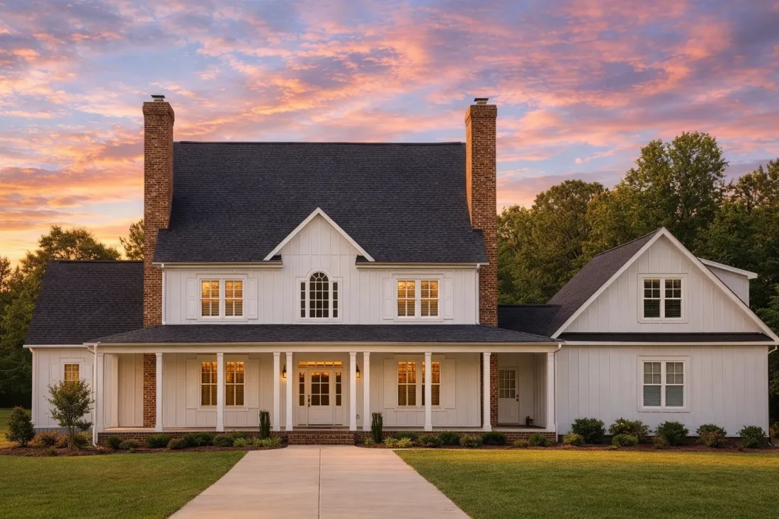 Front elevation of a Traditional Colonial Revival house with white lap siding, symmetrical windows, covered front porch, and twin brick chimneys