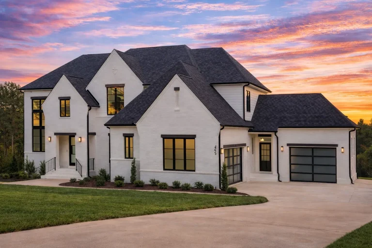 Front elevation of a New American Modern Farmhouse style home featuring painted brick, board and batten siding, steep gables, and a side entry garage
