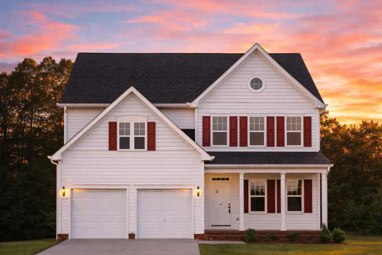 Front elevation of a Traditional Colonial style two-story home with horizontal siding, symmetrical windows, decorative shutters, and attached two-car garage