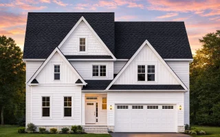 Front view of a Traditional Craftsman style house featuring horizontal siding, shingle accents, and brick wainscoting under a steep gable roof
