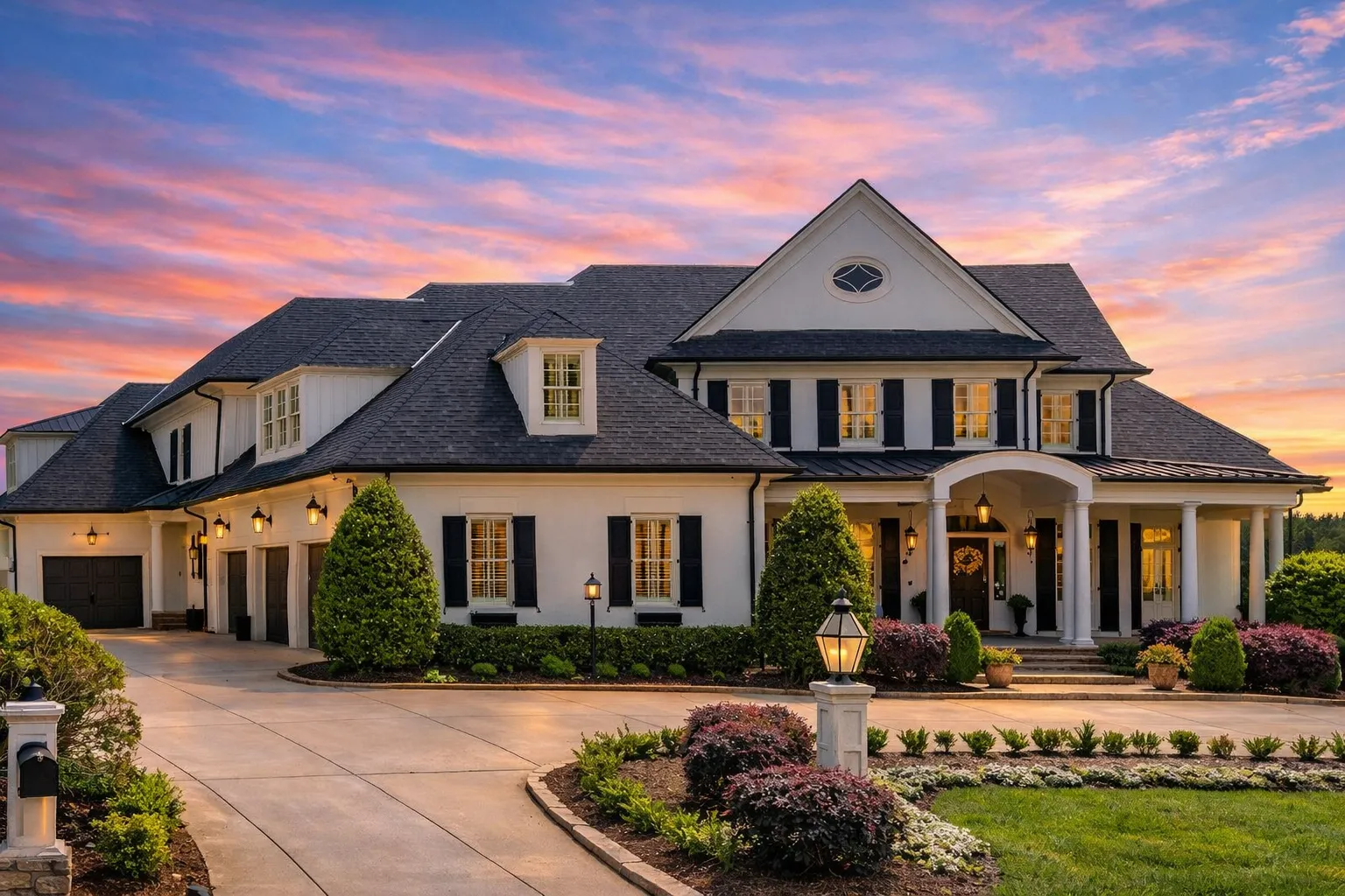 Front exterior of a Colonial Revival home with painted brick façade, black shutters, arched portico, and symmetrical Southern architecture