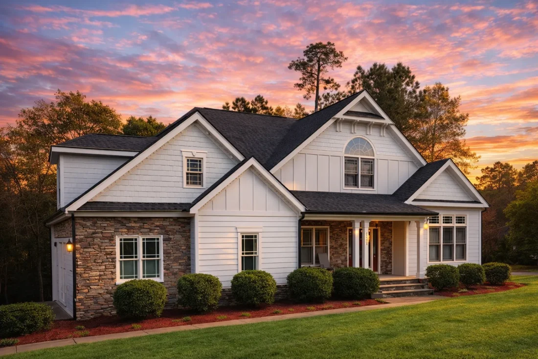 Front elevation of a Traditional Transitional style house featuring gray siding, stone accents, and a welcoming front porch with double garage.