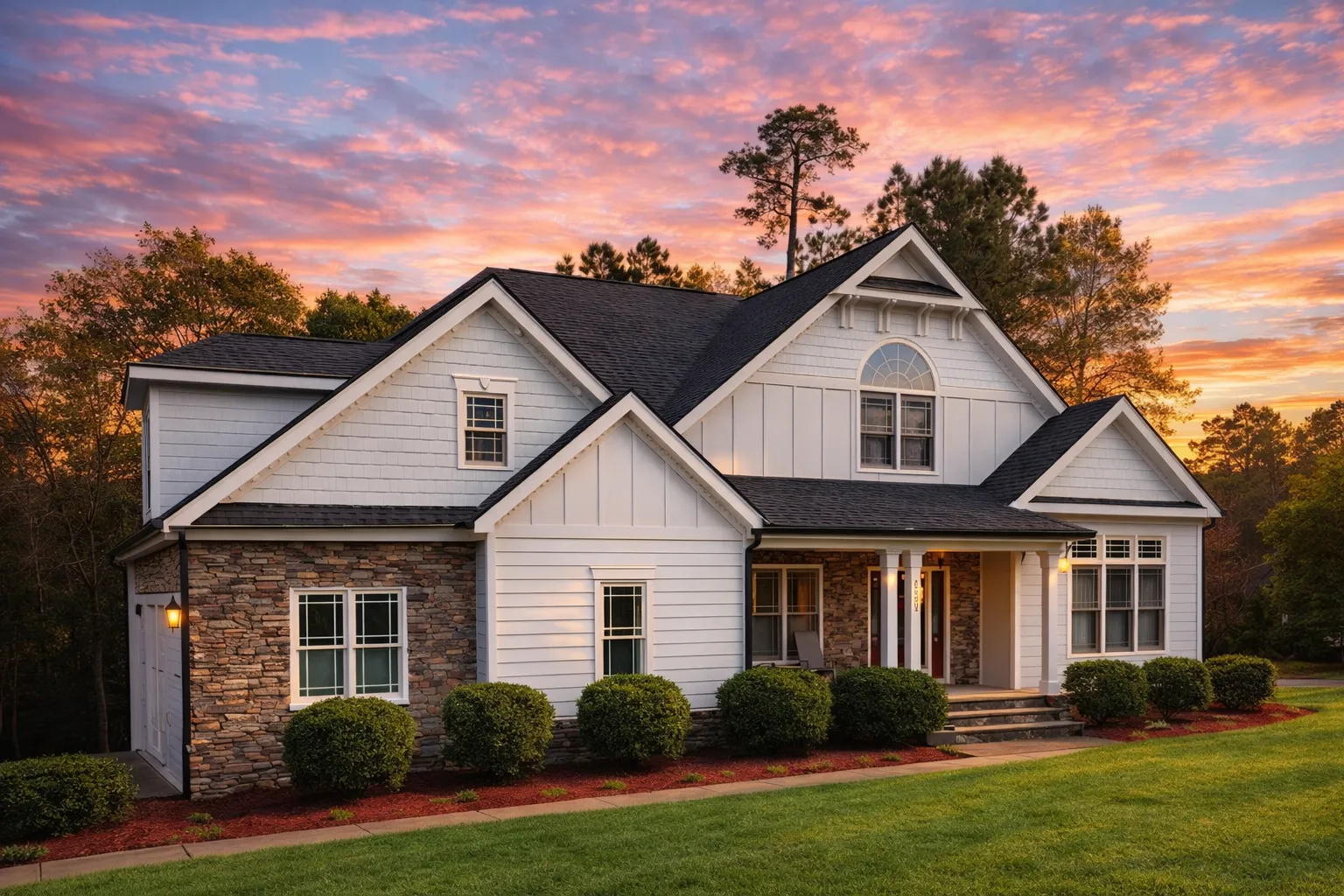 Front elevation of a Traditional Transitional style house featuring gray siding, stone accents, and a welcoming front porch with double garage.