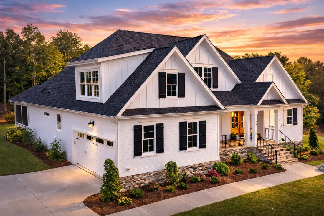 Front elevation of a modern farmhouse home with lap siding, board-and-batten gable accents, warm porch lighting, and a welcoming covered entry