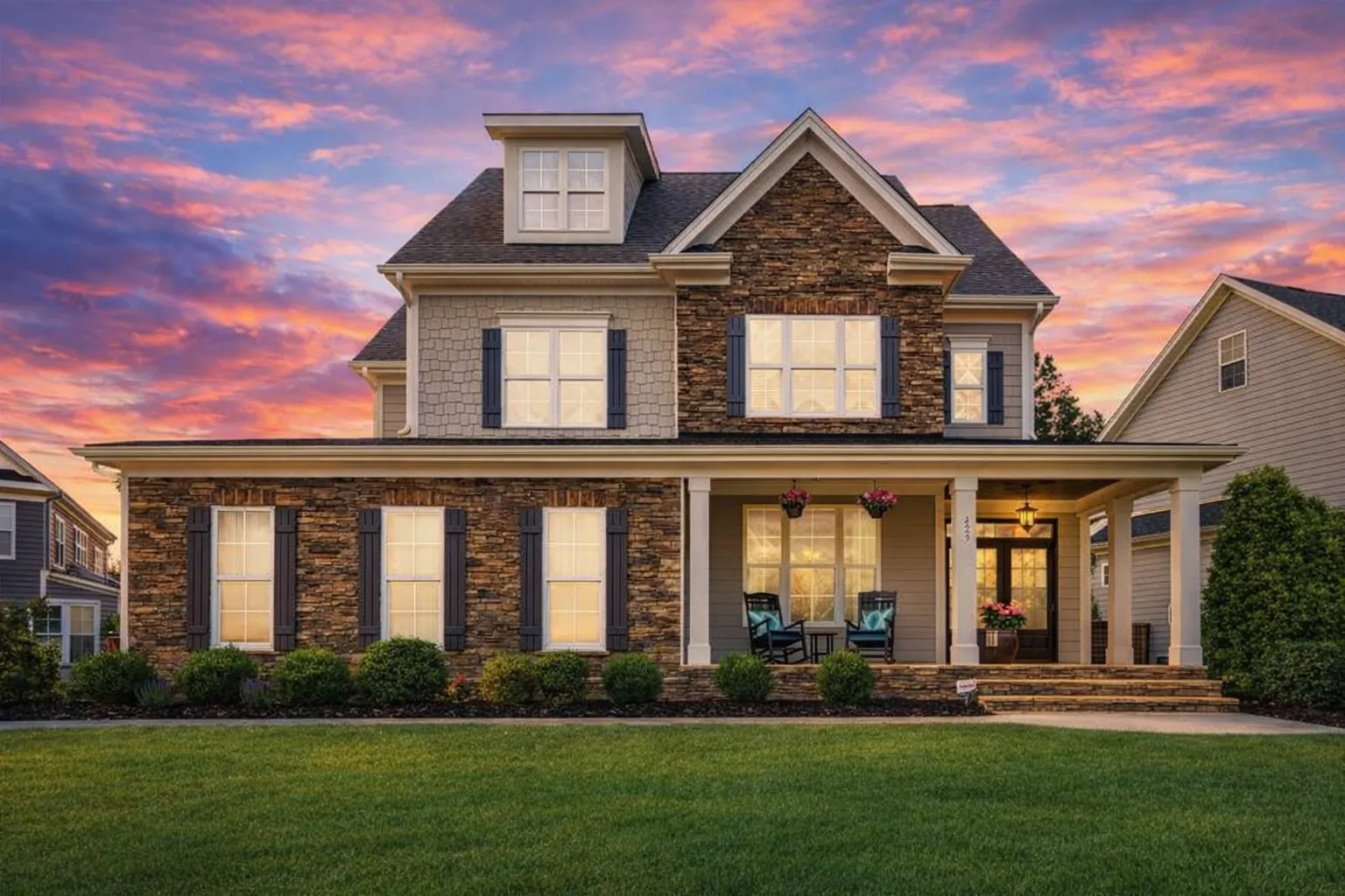 Front exterior view of a New American style home featuring stone veneer, horizontal siding, symmetrical windows, and a covered front porch