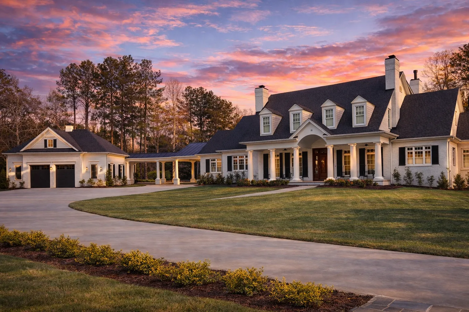 Front exterior of a Classical Southern style home with white painted brick, dormer windows, and a columned wraparound porch