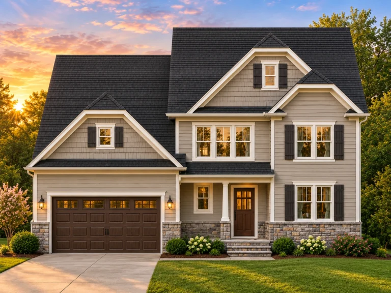 Front elevation of a New American Modern Traditional house with horizontal siding, stone foundation, gabled rooflines, and classic shutters