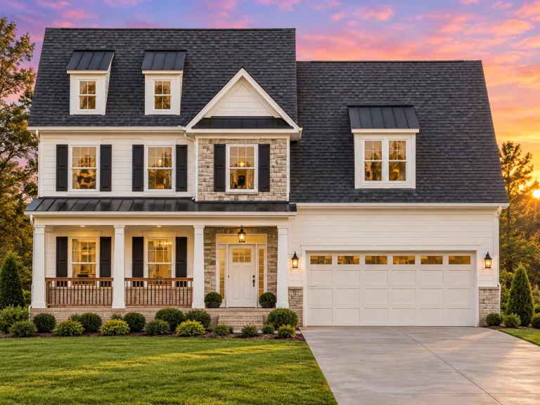 Front exterior view of a Traditional Colonial style home with horizontal siding, stone entry façade, symmetrical windows, and attached two-car garage
