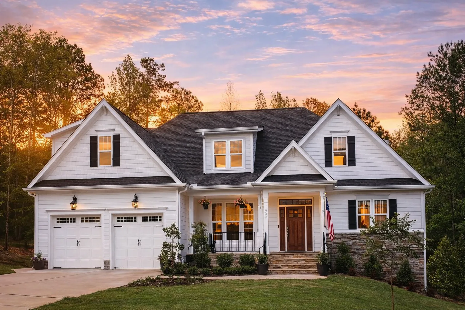 Front elevation of a New American Cape Cod style home featuring cedar shingle siding, lap siding, stone accents, and a covered front porch