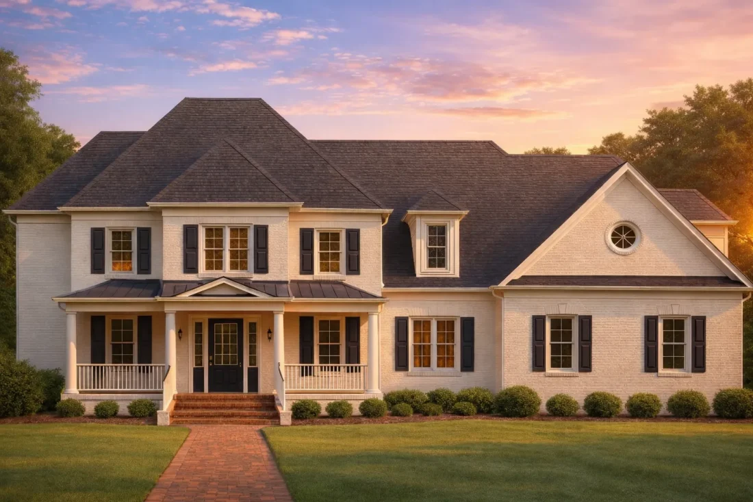Front elevation of a two-story Colonial Revival brick home with symmetrical facade, shutters, and covered front porch