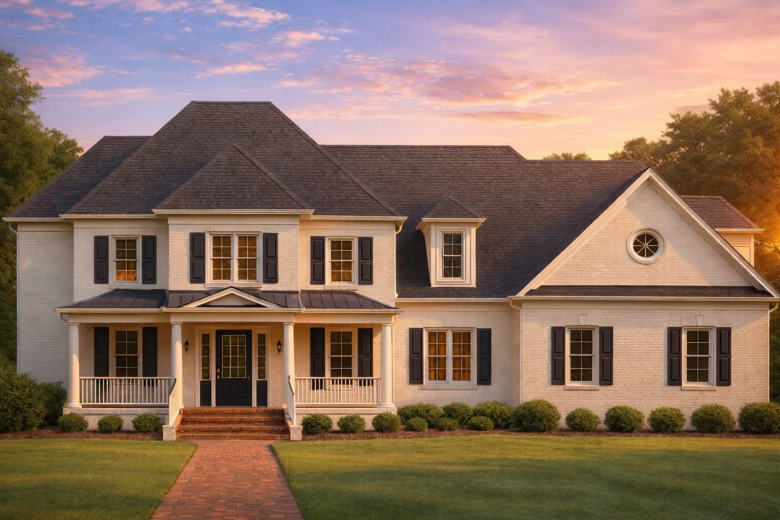 Front elevation of a two-story Colonial Revival brick home with symmetrical facade, shutters, and covered front porch