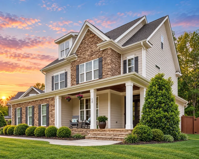 Front exterior view of a New American style home featuring stone veneer, horizontal siding, symmetrical windows, and a covered front porch