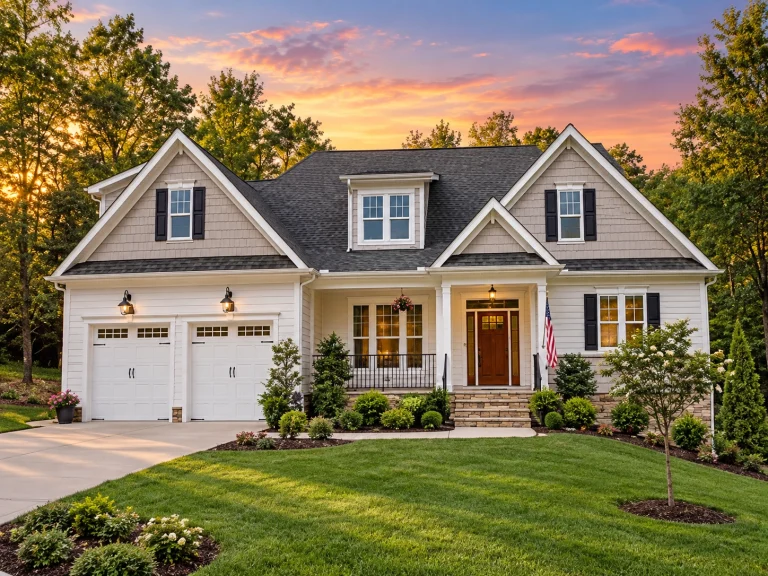 Front elevation of a New American Cape Cod style home featuring cedar shingle siding, lap siding, stone accents, and a covered front porch