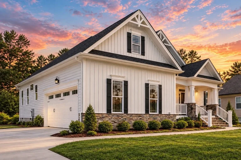 Front exterior view of a Modern Farmhouse Craftsman style home with white board and batten siding, stone foundation accents, black shutters, and a covered front porch