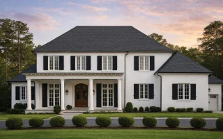 Front elevation of a Georgian Colonial style home featuring a white stucco exterior, black shutters, symmetrical windows, and a columned covered entry