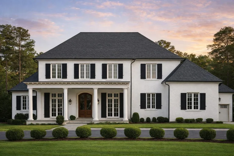 Front elevation of a Georgian Colonial style home featuring a white stucco exterior, black shutters, symmetrical windows, and a columned covered entry