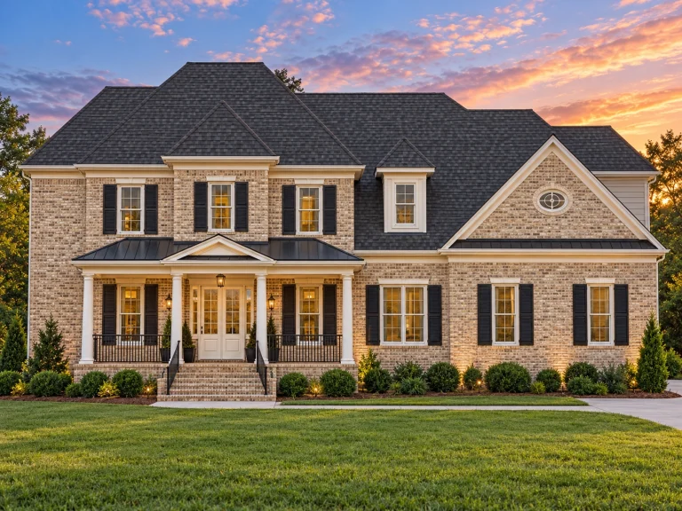Classic Suburban House Plans 25 Front elevation of a two-story Colonial Revival brick home with symmetrical facade, shutters, and covered front porch