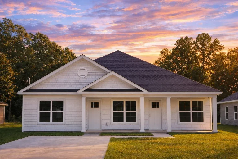 Front elevation of Traditional Ranch style home with horizontal lap siding, symmetrical windows, and covered entry porch