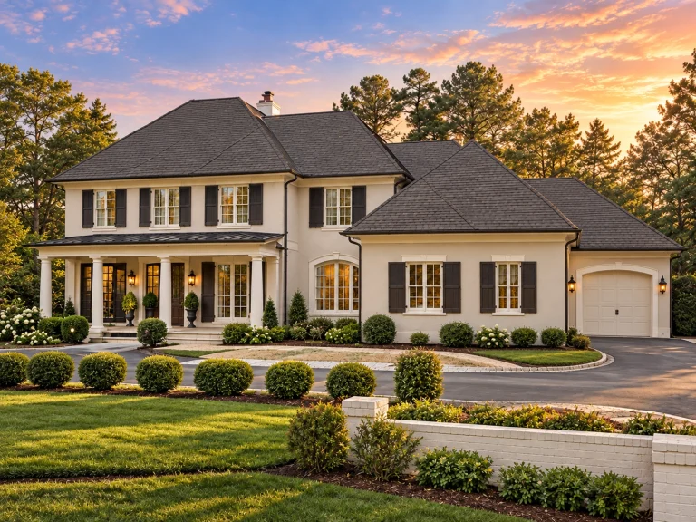 Front elevation of a Georgian Colonial style home featuring a white stucco exterior, black shutters, symmetrical windows, and a columned covered entry