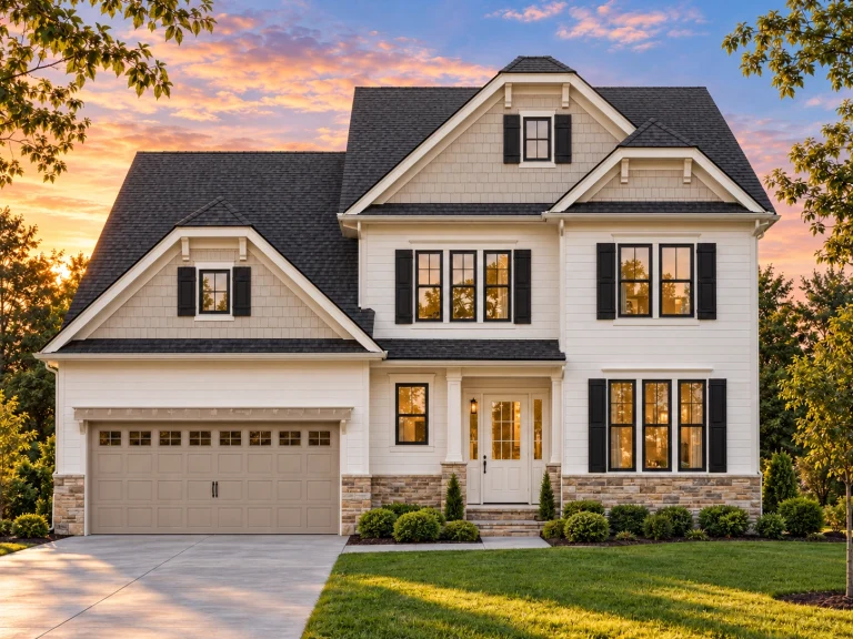 Front elevation of a New American Modern Traditional house with horizontal siding, stone foundation, gabled rooflines, and classic shutters
