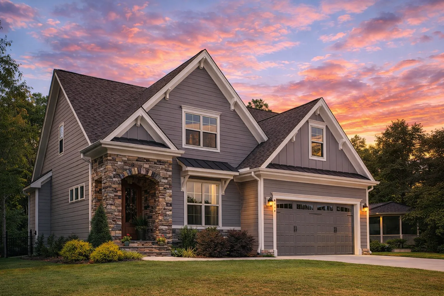 Front exterior of a New American style home with board-and-batten siding, stone accents, gabled rooflines, and an attached two-car garage