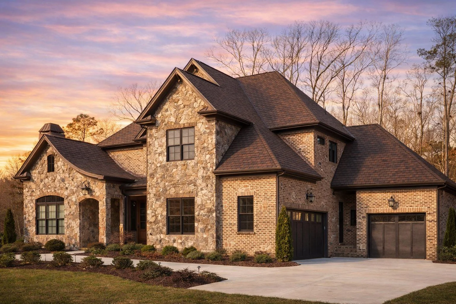 Front view of French Country style house with full stone exterior, arched covered entry, steep gable rooflines, and attached garage