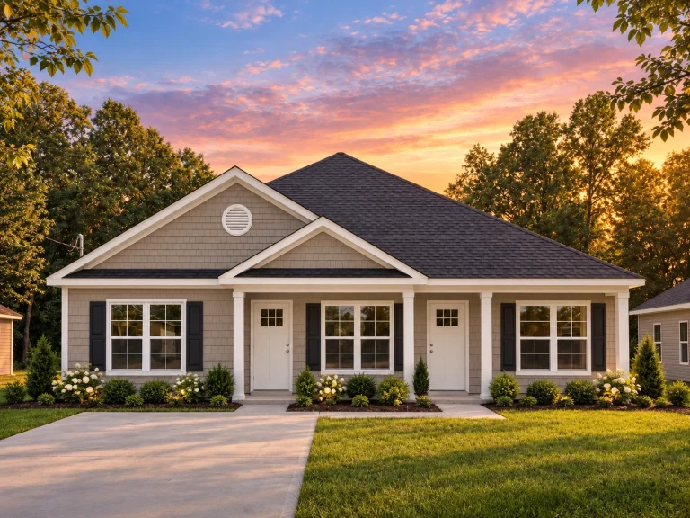 Front elevation of Traditional Ranch style home with horizontal lap siding, symmetrical windows, and covered entry porch