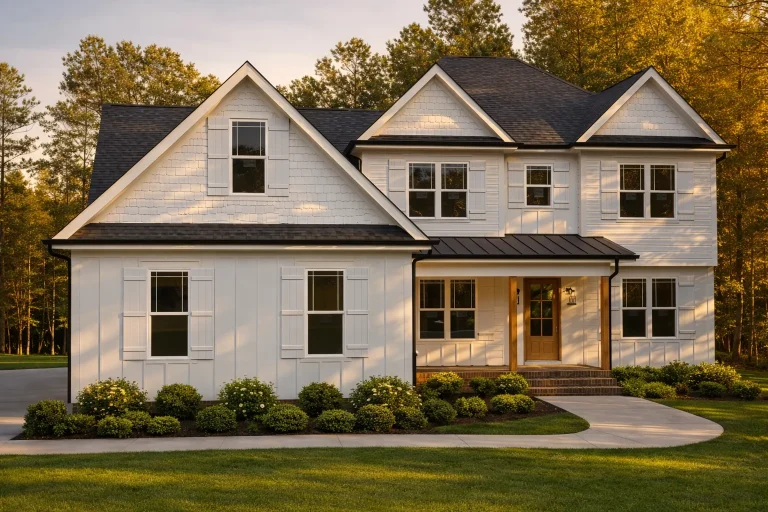 Front elevation of a modern farmhouse style home with white board and batten siding, black metal porch roof, symmetrical gables, and landscaped front entry