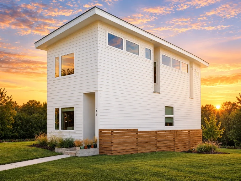 Front exterior view of a contemporary modern narrow lot home with horizontal lap siding, asymmetrical roofline, and large black-framed windows