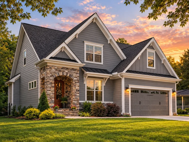 Top Designer-Approved House Plans 1 Front exterior of a New American style home with board-and-batten siding, stone accents, gabled rooflines, and an attached two-car garage