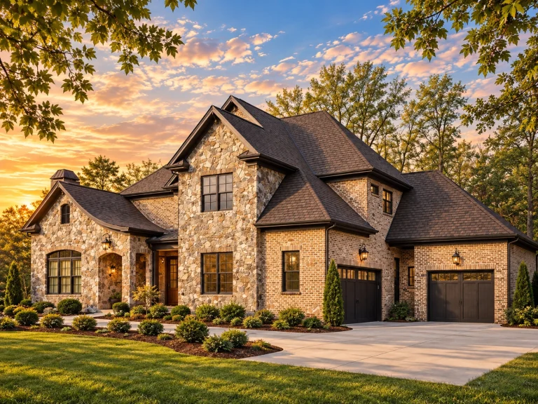 Front view of French Country style house with full stone exterior, arched covered entry, steep gable rooflines, and attached garage