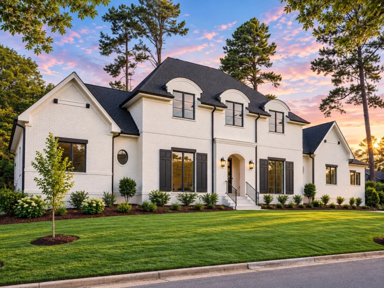 Front elevation of a Modern Farmhouse style home featuring white painted brick exterior, black shutters, steep gabled rooflines, and symmetrical Southern-inspired design