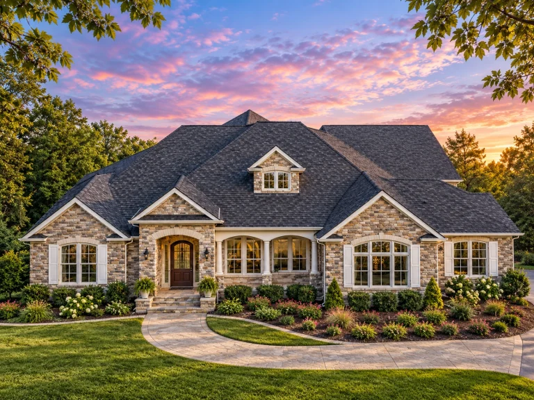 Front elevation of a Traditional New American style home featuring stone and brick exterior, arched windows, and symmetrical curb appeal