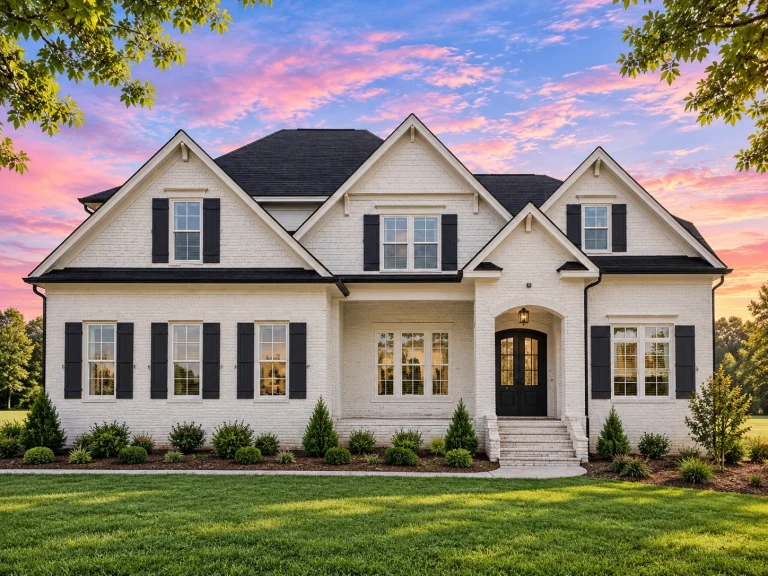 Modern Suburban House Plans 16 Front elevation of a New American Traditional style home with symmetrical design, light siding exterior, black shutters, and centered covered entry
