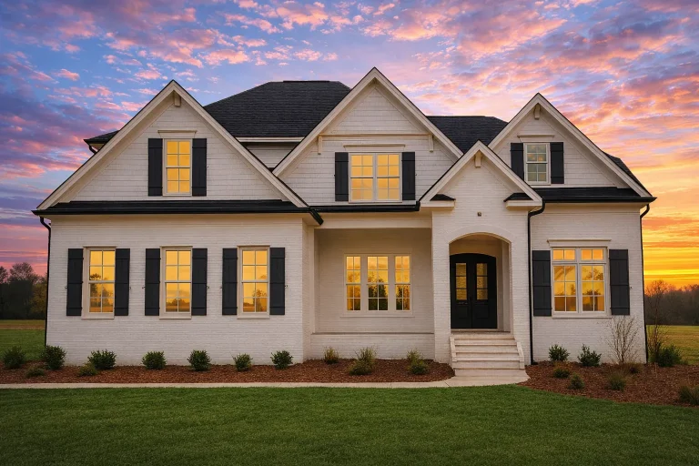 Front elevation of a New American Traditional style home with symmetrical design, light siding exterior, black shutters, and centered covered entry