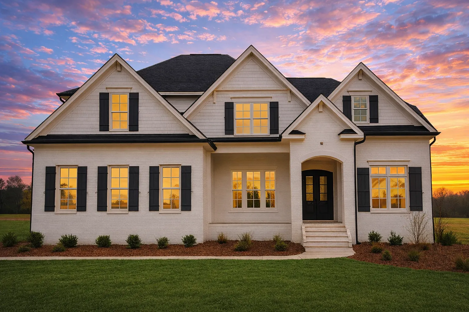 4 Bedroom House Plans 14 Front elevation of a New American Traditional style home with symmetrical design, light siding exterior, black shutters, and centered covered entry