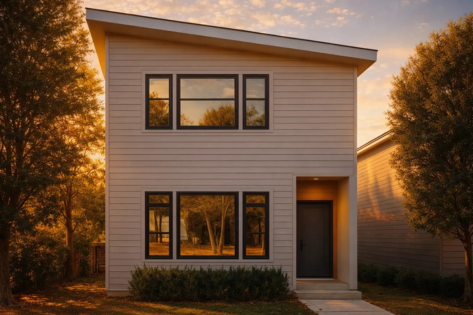 Front exterior view of a contemporary modern narrow lot home with horizontal lap siding, asymmetrical roofline, and large black-framed windows