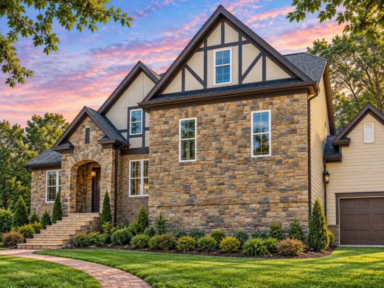 Front exterior of a Tudor Revival style home featuring stone veneer walls, decorative half-timbering, steep gabled rooflines, and classic suburban proportions