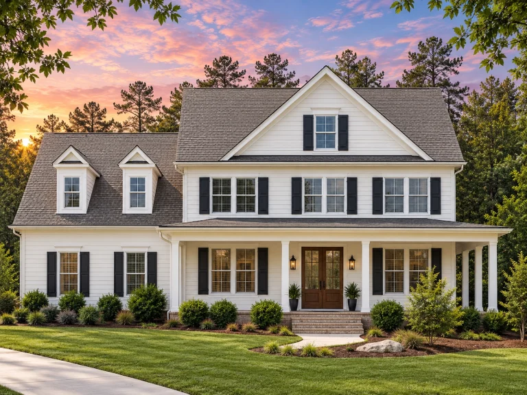 Front elevation of a Colonial Traditional style home with white lap siding, black shutters, symmetrical windows, and a full-width covered front porch
