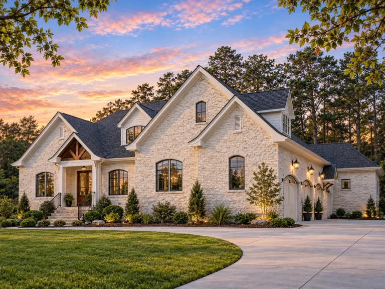 Front elevation of a French Country style home with painted brick exterior, subtle stone detailing, and elegant European-inspired rooflines surrounded by mature trees.