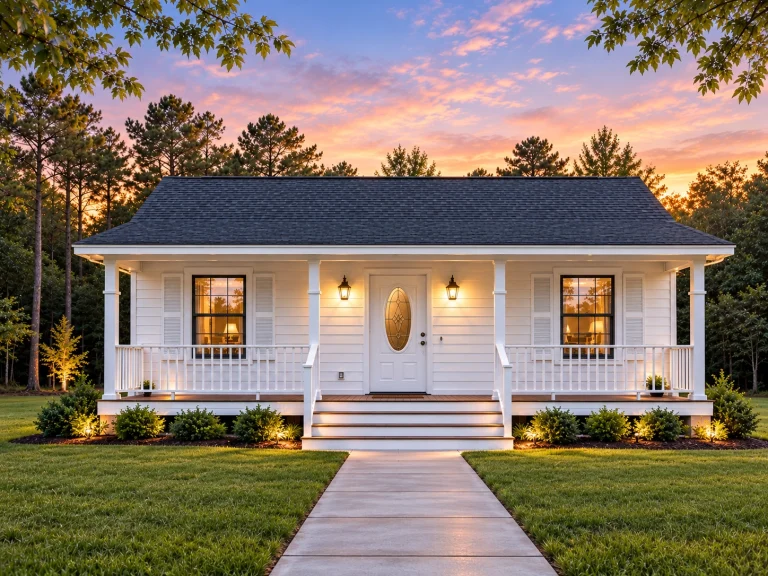 Front elevation of a small American Cottage house featuring a classic porch, horizontal siding, and symmetrical design