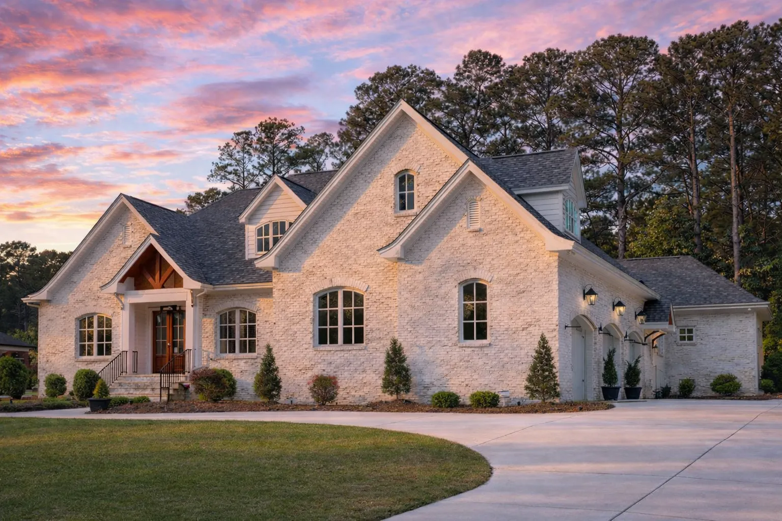 Front elevation of a French Country style home with painted brick exterior, subtle stone detailing, and elegant European-inspired rooflines surrounded by mature trees.