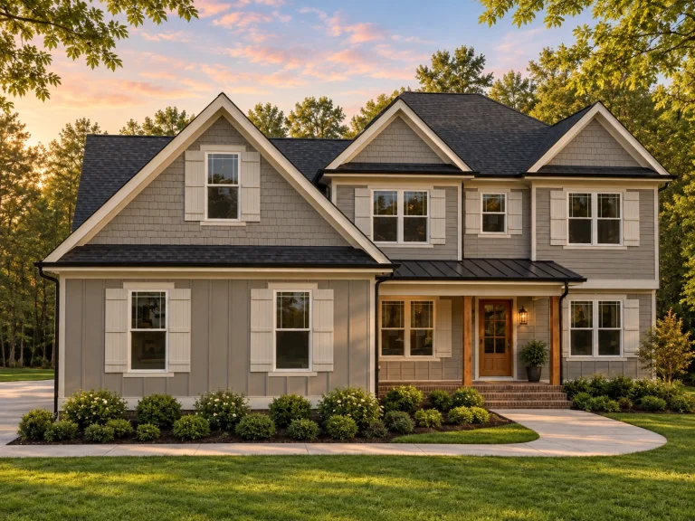 Conventional House Plans 16 Front elevation of a modern farmhouse style home with white board and batten siding, black metal porch roof, symmetrical gables, and landscaped front entry