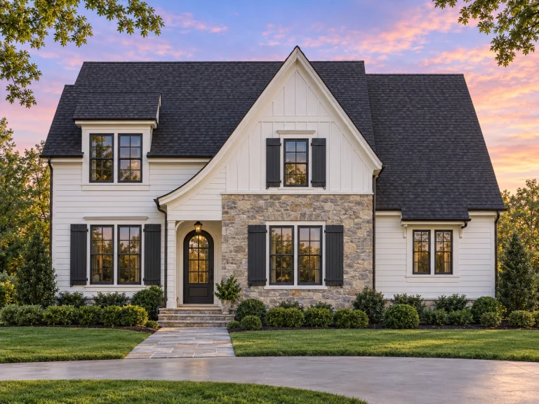 Conventional House Plans 21 Front elevation of a European Cottage style home with stone facade, board and batten siding, green shutters, and steep gabled roof