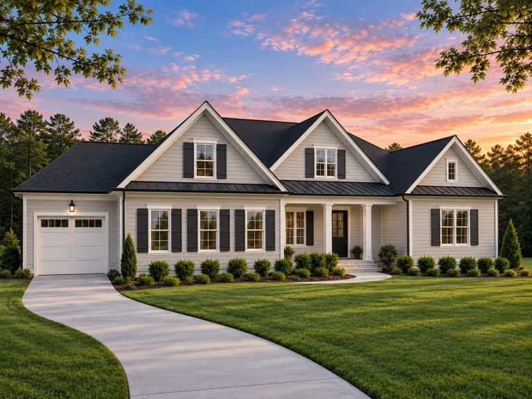 Front elevation of a New American style home with traditional colonial symmetry, horizontal siding, board-and-batten accents, and gabled rooflines