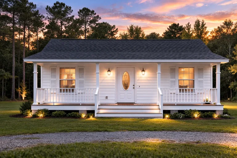 Front elevation of a small American Cottage house featuring a classic porch, horizontal siding, and symmetrical design